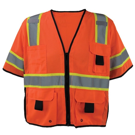 Polyester Mesh Safety Vest Class 3 W/ Zipper & Radio Clips (Orange/Medium)